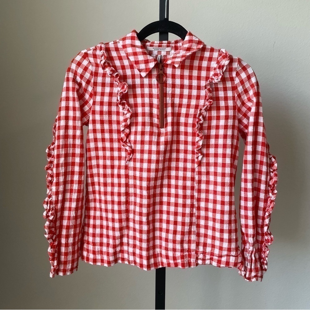 Scotch & Soda Ruffled Gingham Quarter Zip Top Size Extra Small - Picture 4 of 7